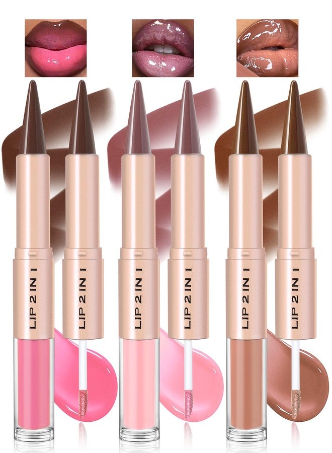 Noerrors 3pcs Lip Combo Sets for Black Women, Lip Liner and Gloss Kit 2 in 1 Dual-End, Nude Brown Lips Liner Combo Pink Ombre Moisturizing Plumping Gradual Lips Makeup Set A - Image 1